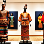 **A vibrant display of Kanak art:** Focus on traditional wood carvings with intricate patterns, showcasing a mix of earthy tones and modern colors, set in a well-lit gallery with traditional Kanak clothing mannequins in the background.