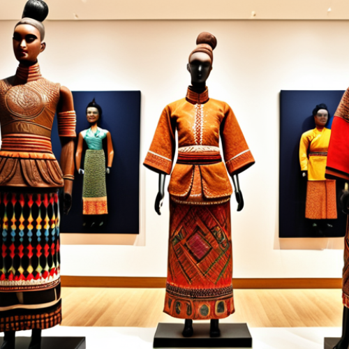 Home 4 **A vibrant display of Kanak art:** Focus on traditional wood carvings with intricate patterns, showcasing a mix of earthy tones and modern colors, set in a well-lit gallery with traditional Kanak clothing mannequins in the background.
