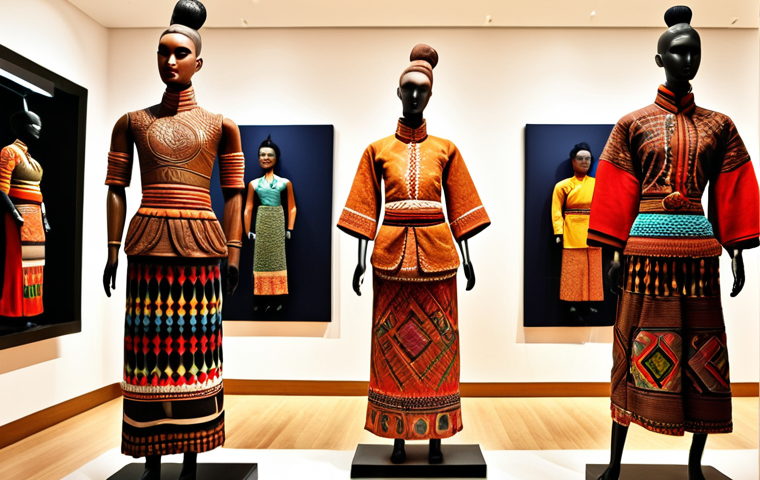 **A vibrant display of Kanak art:** Focus on traditional wood carvings with intricate patterns, showcasing a mix of earthy tones and modern colors, set in a well-lit gallery with traditional Kanak clothing mannequins in the background.