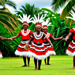 A group of vibrantly dressed Melanesian Kanak people, fully clothed in intricate, modest traditional festival attire made from natural fibers, feathers, and leaves, perform an energetic "Pilou" dance. They move rhythmically to the beat of large traditional drums in an outdoor festival setting with lush tropical vegetation and towering palm trees. The scene conveys a sense of deep cultural heritage and community spirit. The subjects display perfect anatomy, correct proportions, and natural poses with well-formed hands and proper finger count. The image is a high-quality professional photograph, safe for work, appropriate content, and family-friendly, showcasing a lively and respectful cultural event.
