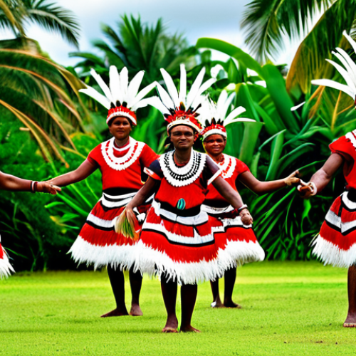 A group of vibrantly dressed Melanesian Kanak people, fully clothed in intricate, modest traditional festival attire made from natural fibers, feathers, and leaves, perform an energetic "Pilou" dance. They move rhythmically to the beat of large traditional drums in an outdoor festival setting with lush tropical vegetation and towering palm trees. The scene conveys a sense of deep cultural heritage and community spirit. The subjects display perfect anatomy, correct proportions, and natural poses with well-formed hands and proper finger count. The image is a high-quality professional photograph, safe for work, appropriate content, and family-friendly, showcasing a lively and respectful cultural event.