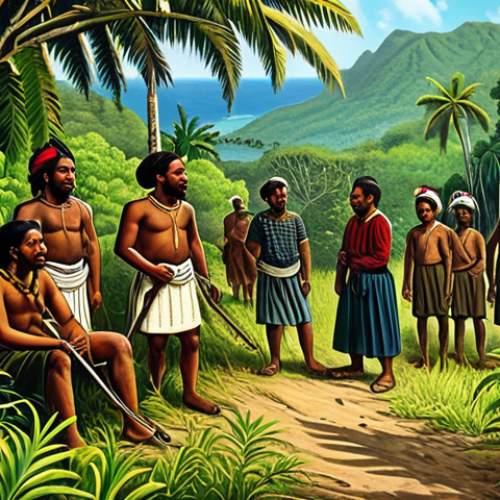 **

"A historical painting depicting the Kanak people during the 1878 revolt against French colonial rule in New Caledonia, fully clothed in traditional attire, safe for work, appropriate content, modest clothing, perfect anatomy, correct proportions, natural pose, outdoor setting with lush vegetation, professional illustration, high quality, family-friendly"

**