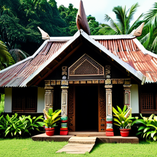 Kanak Traditional House (Case)**

"A beautifully crafted Kanak traditional house (Case) with a pointed roof and unique carvings, surrounded by lush tropical plants and flowers, fully clothed people gathered respectfully outside, representing community, safe for work, appropriate content, perfect anatomy, correct proportions, natural pose, professional photography, high quality, family-friendly, modest clothing, appropriate attire."

**