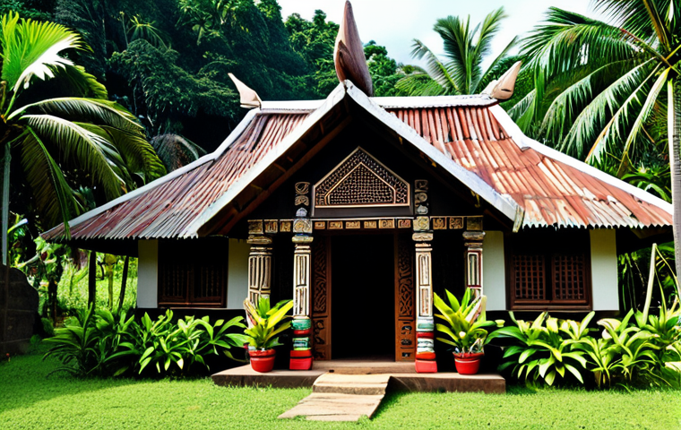 Kanak Traditional House (Case)**
"A beautifully crafted Kanak traditional house (Case) with a pointed roof and unique carvings, surrounded by lush tropical plants and flowers, fully clothed people gathered respectfully outside, representing community, safe for work, appropriate content, perfect anatomy, correct proportions, natural pose, professional photography, high quality, family-friendly, modest clothing, appropriate attire."
**