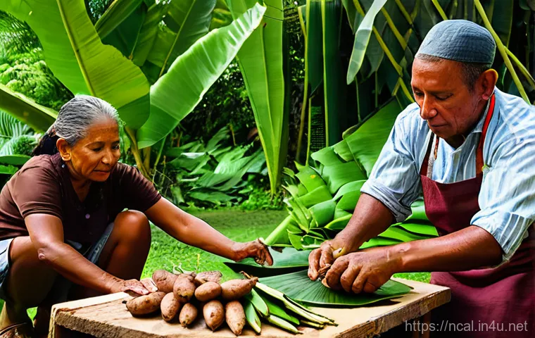 누벨칼레도니 바나나 요리 - A vibrant New Caledonian market scene, bustling with local islanders (adults and children, all modes...