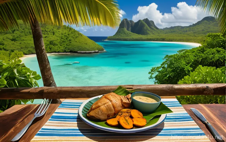 누벨칼레도니 바나나 요리 - Kanak people (adults, modestly dressed in traditional or casual island attire) collaboratively prepa...